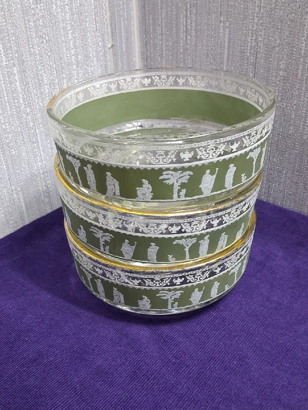 Vintage Jeanette Glass Bowl Set Hellenic Green Jasperware Style Ice Dessert